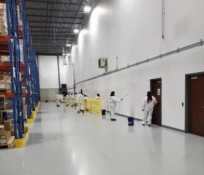 Workers in white suits cleaning factory walls